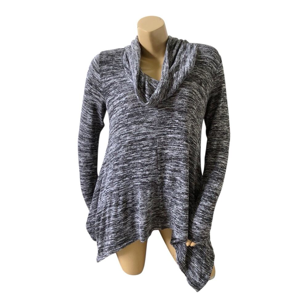 DKNY Jeans Sweater Womens M Cowl Neck Gray Black Marled Sharkbite Tunic Stretch